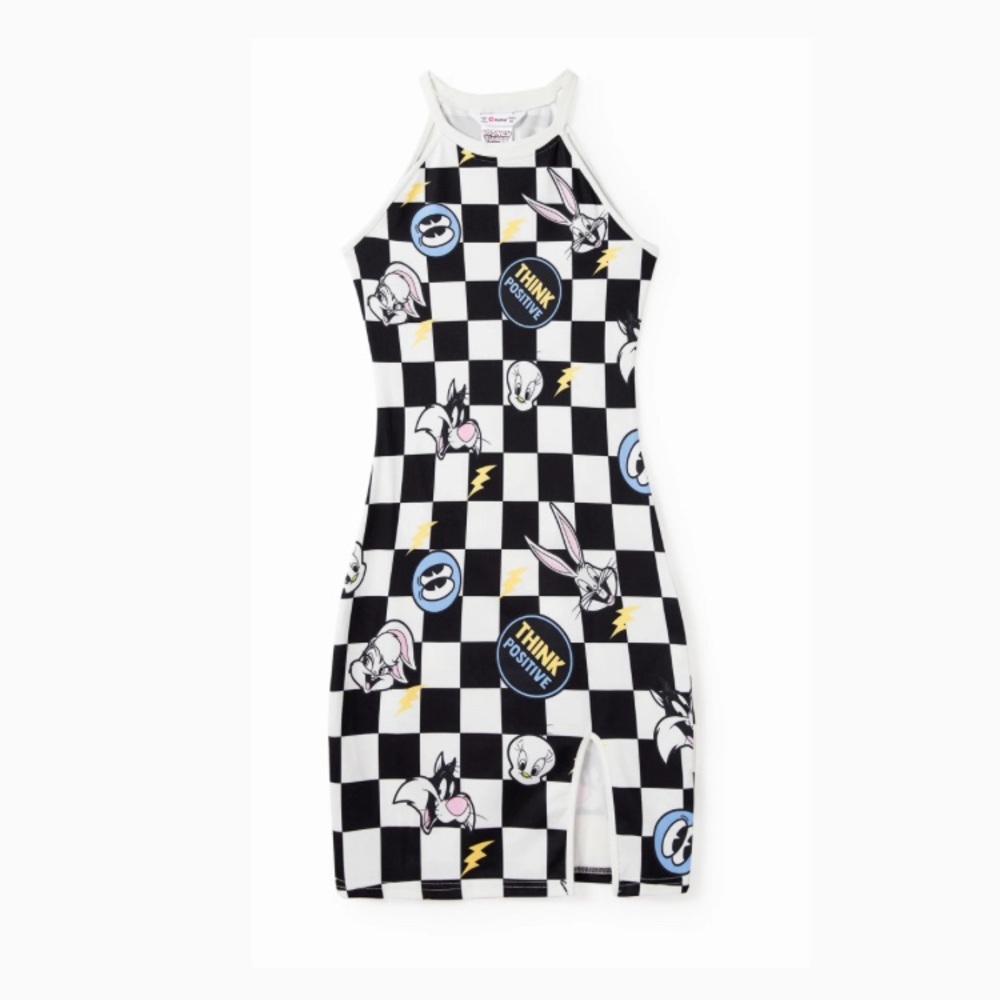 Looney Tunes Black and White Checkered with  Characters Print Halter Dress